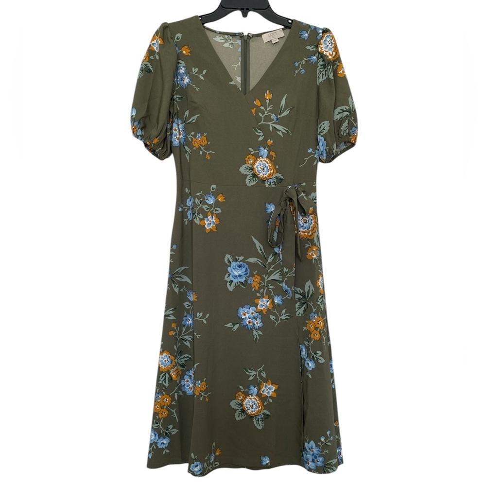 Loft Midi Olive Green Floral Dress Women’s Size 00 Petite